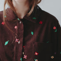 Anntian Unisex Shirt in Brown Corduroy Embroidery Tiny Flowers