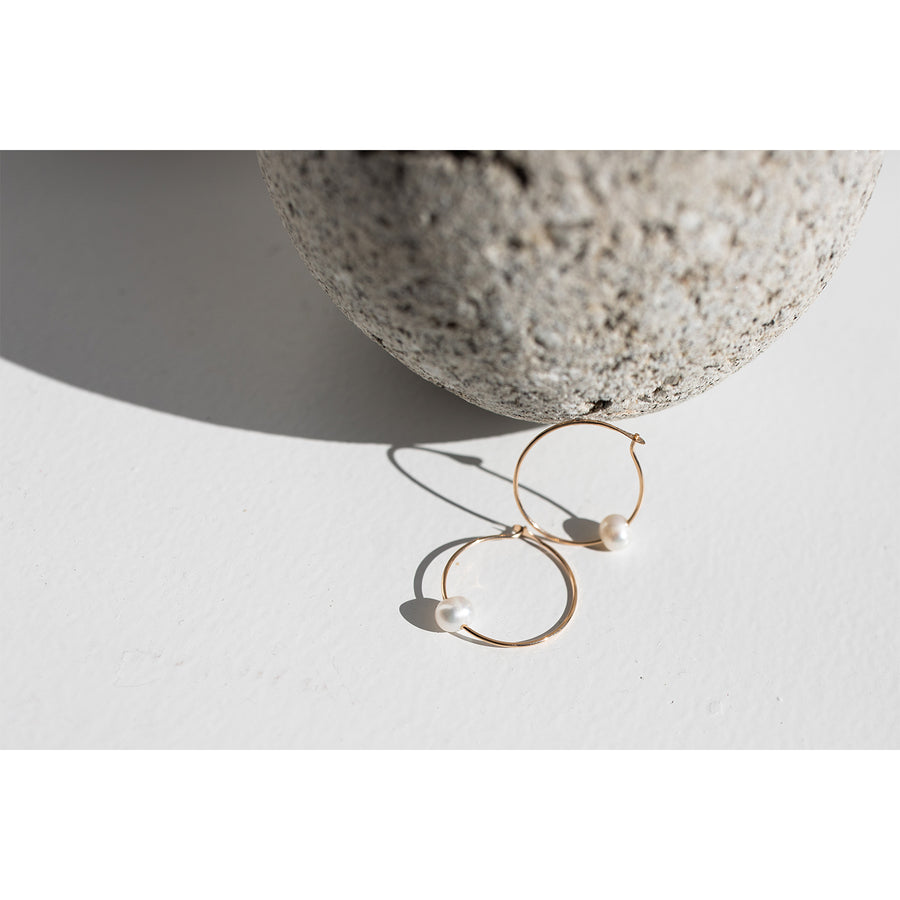 Melissa Joy Manning Large 14K Gold Hoops with Floating Single Pearl